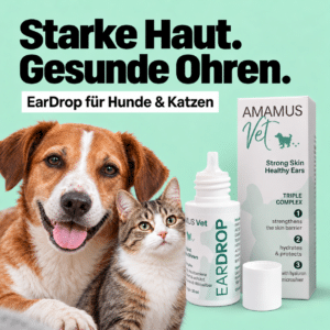 AMAMUS Vet EARDrop 30 ml – Tropfflasche und Verpackung für Hunde und Katzen
