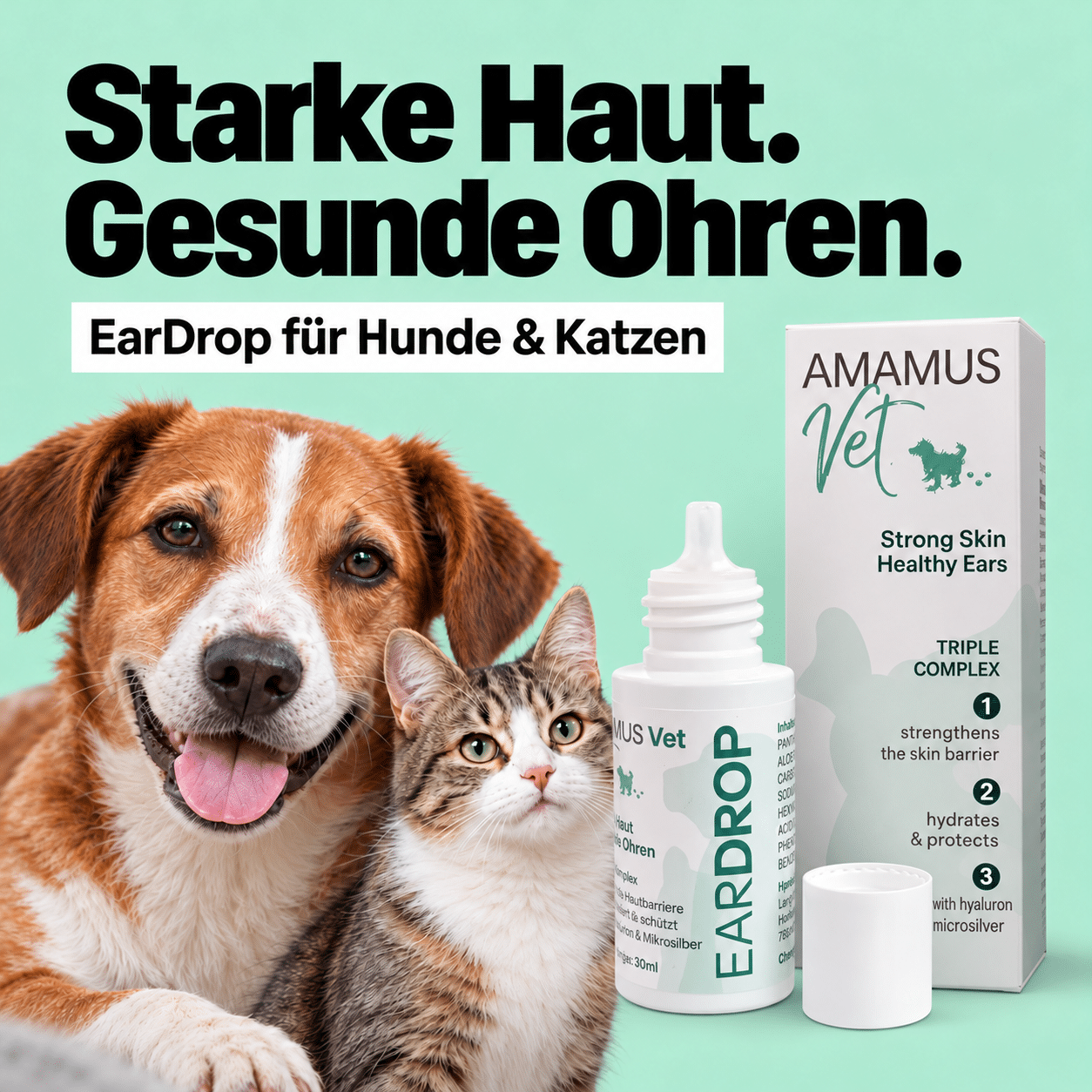 AMAMUS Vet EARDrop 30 ml – Tropfflasche und Verpackung für Hunde und Katzen